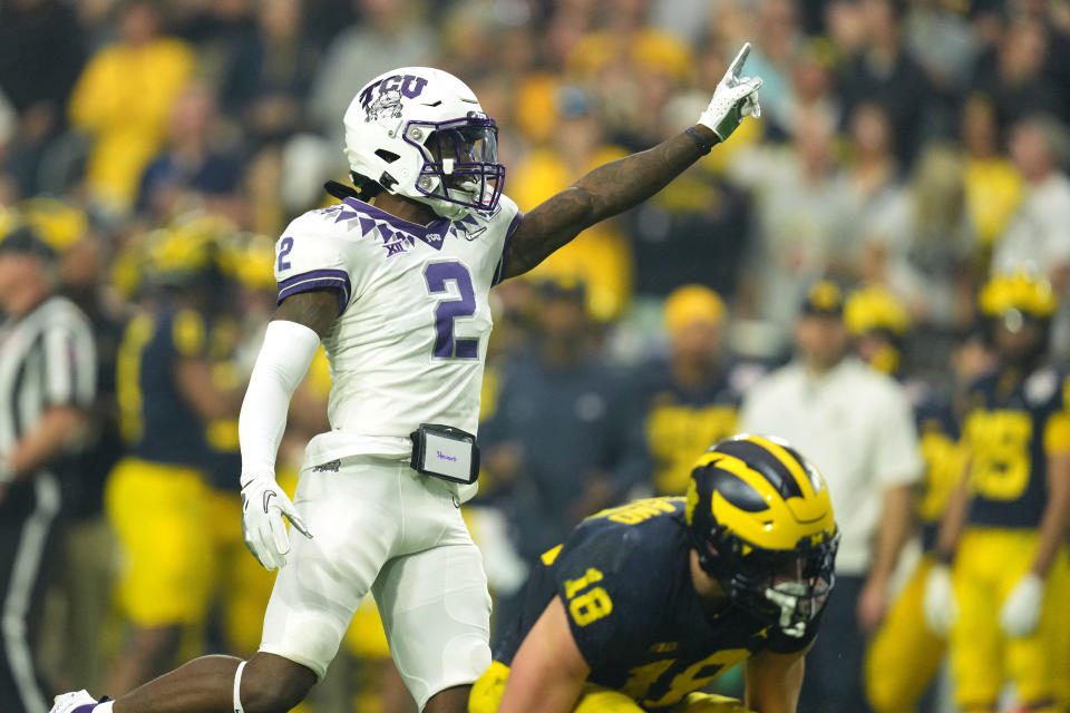 Il cornerback della TCU Kee'Yon Stewart annuisce dopo aver giocato contro il Michigan durante la vittoria degli Horned Frogs al Fiesta Bowl.  (Kirby Lee-USA Today Sports