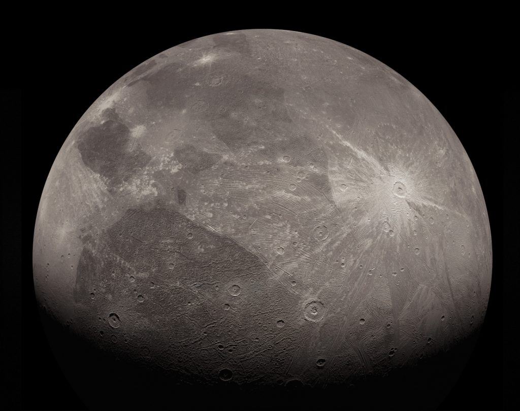 This enhanced image of the Jovian moon Ganymede was obtained by the JunoCam imager aboard NASA's Juno spacecraft during the mission's June 7, 2021, flyby of the icy moon on Juno's 34th pass close to Jupiter.