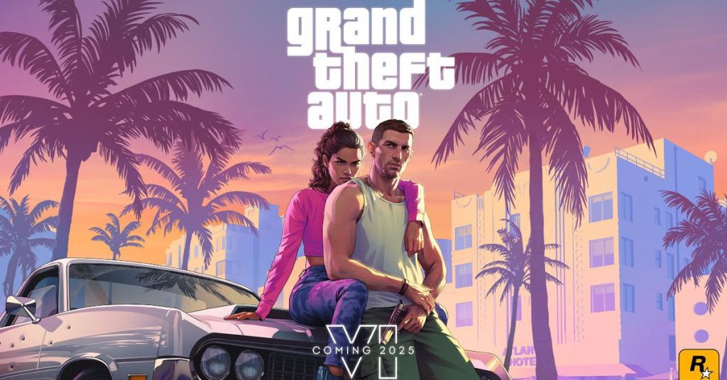 GTA VI artwork, showing the game’s protagonist and her boyfriend sitting on the hood of a muscle car with palm trees behind them.