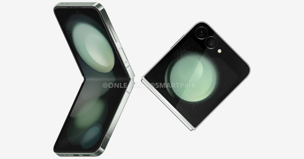 Two renders of the Z Flip 6, one folded and one half-folded.