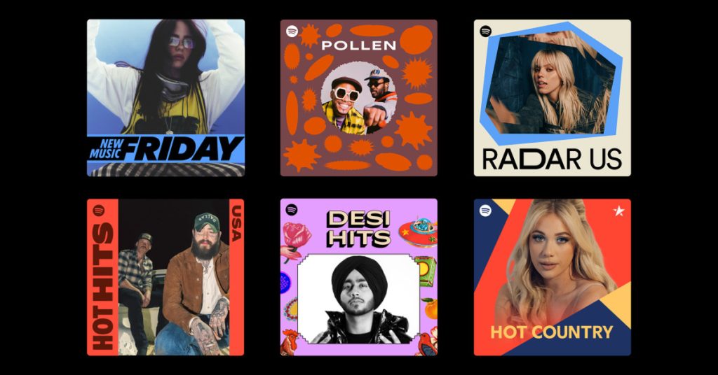 A promotion of Spotify’s new Spotify Mix typeface showing six different playlist covers.