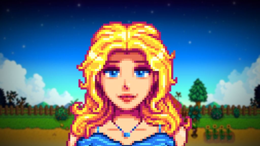 Stardew Valley character Haley, a blonde young woman with long wavy hair and bright blue eyes, against a blurred backdrop of a farm